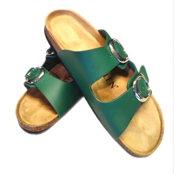 FitValen Cork Bed Vegan Leather Sandals, Summer Green, Silver Tone Buckles, 9 - Picture 1 of 6